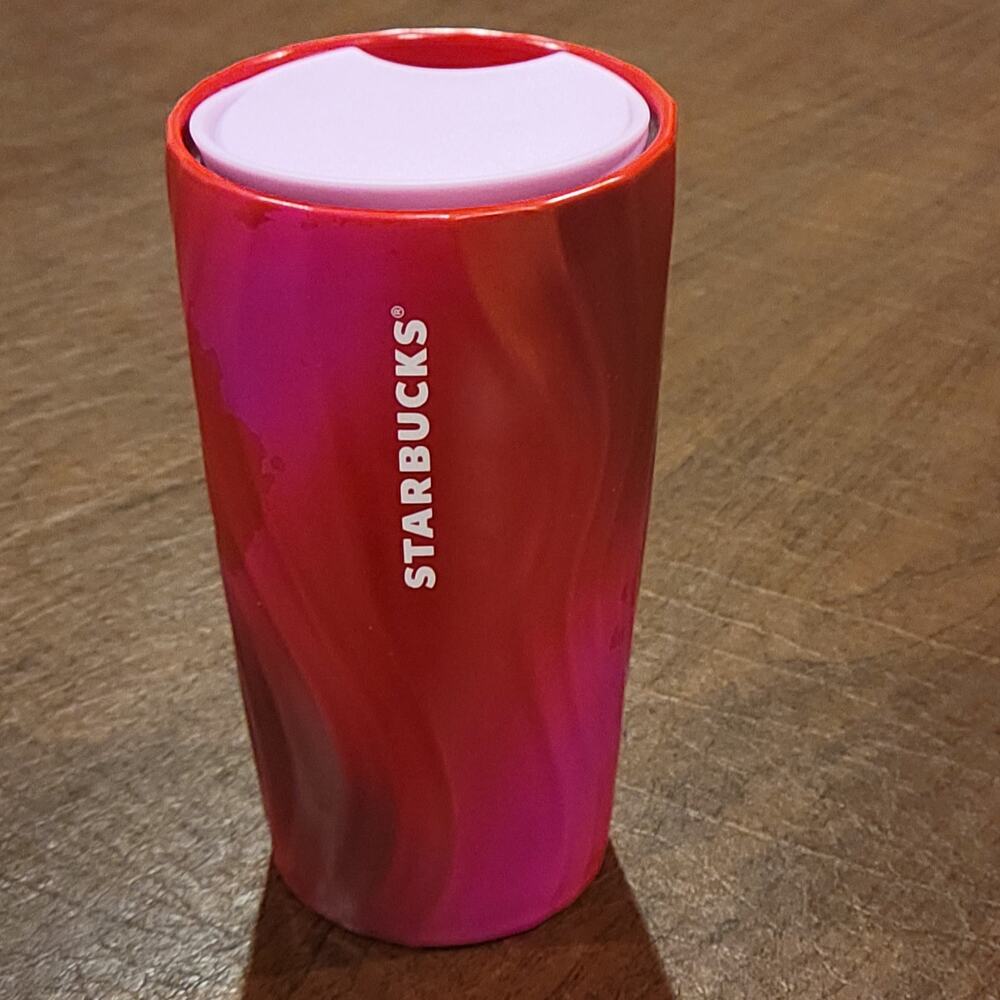 Starbucks Pink red Wave Ceramic Coffee Tumbler Travel Mug Cup Lid 12oz 2021